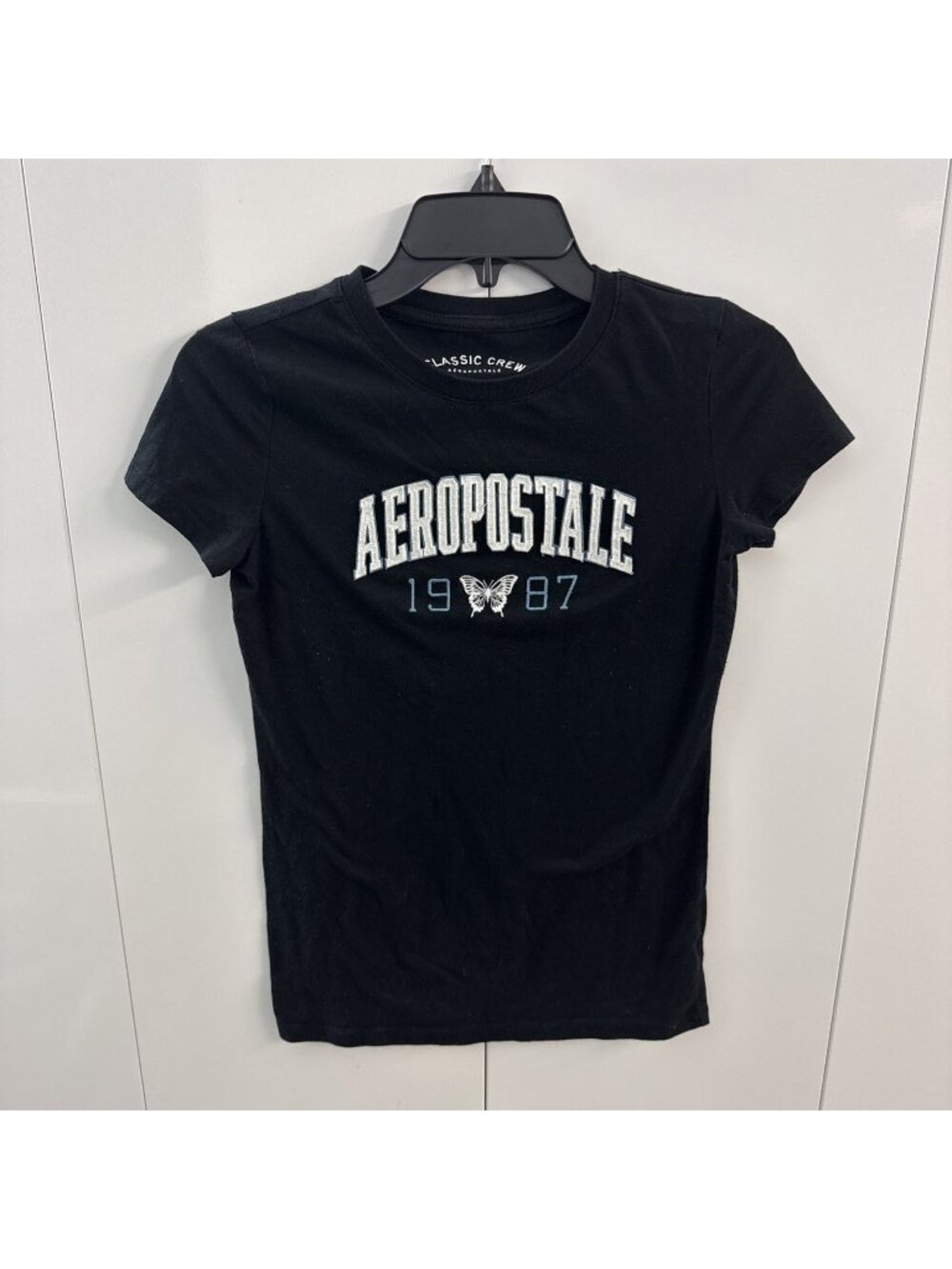 Aeropostale Ladies Y2K Black Classic Crew T Shirt 1987 Raised Letter Butterfly S
